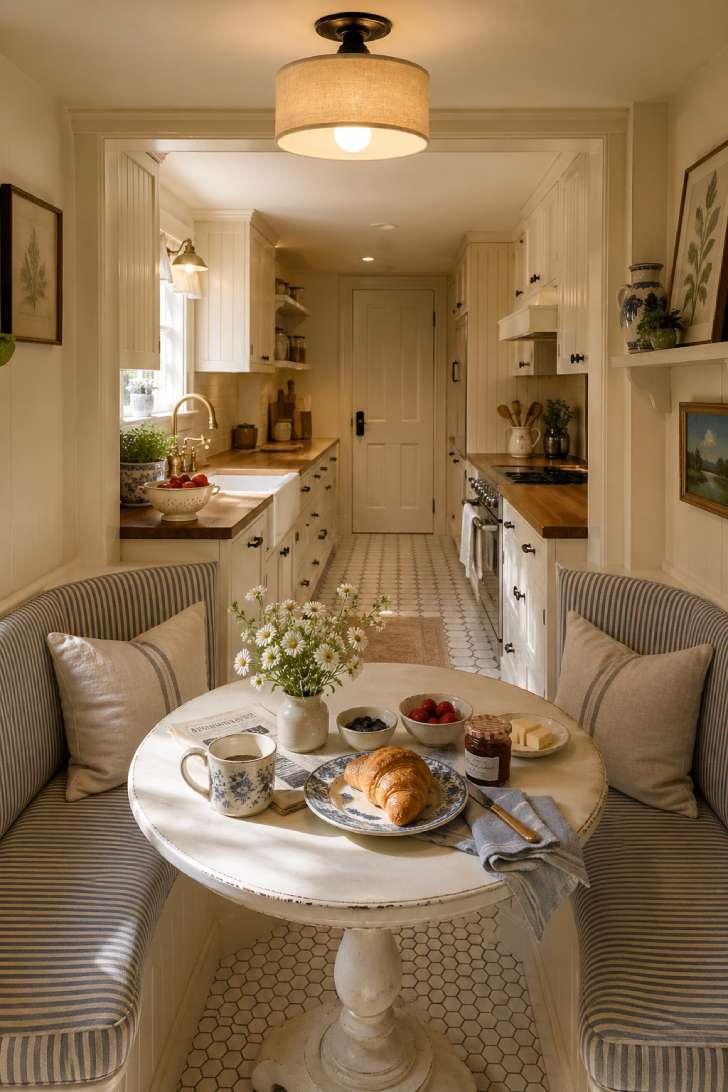 Cottage-style basement galley kitchen with built-in banquette breakfast nook.