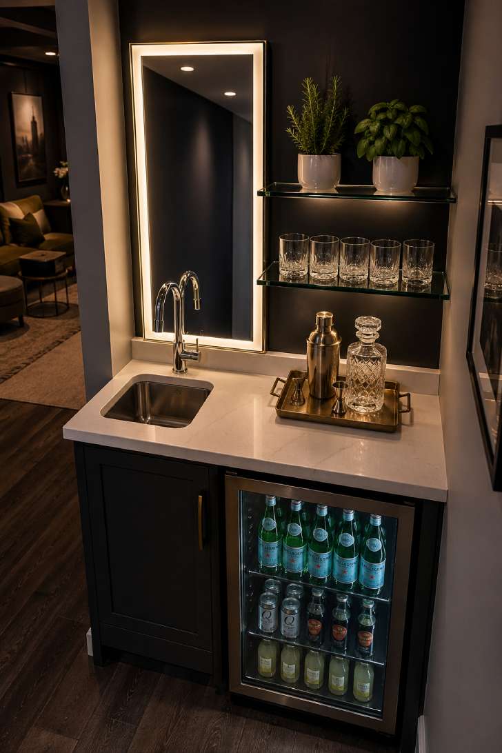 Sleek modern basement wet bar with charcoal accent wall and glass-front mini fridge.