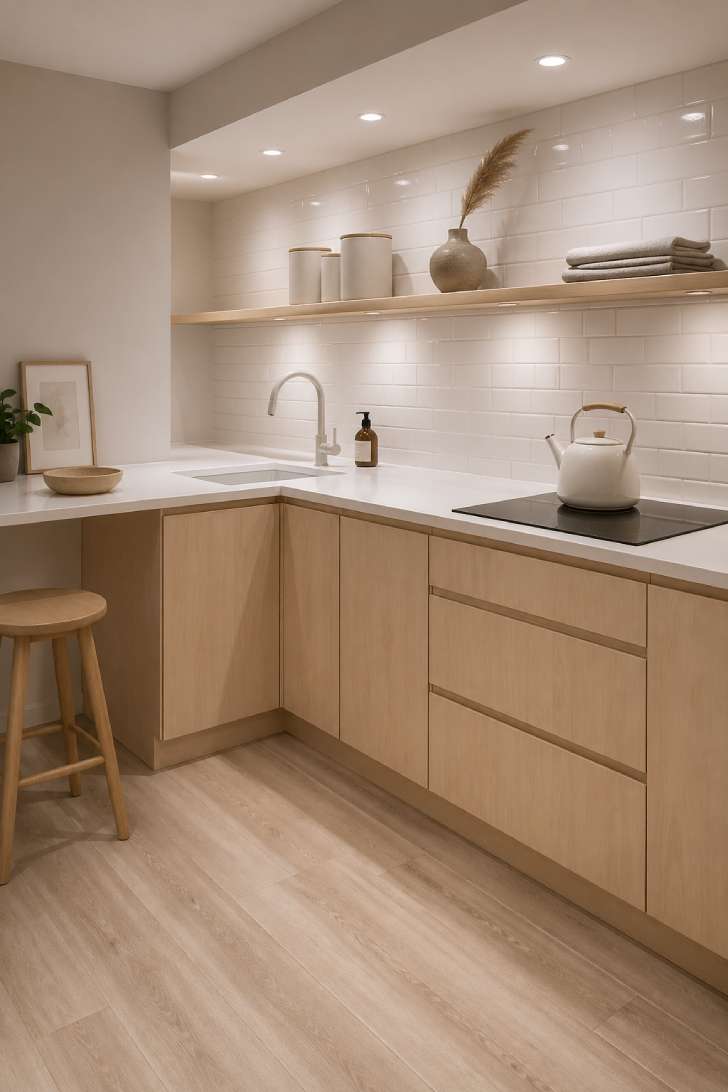 Light birch Scandinavian basement kitchen with white tile backsplash and minimal decor.