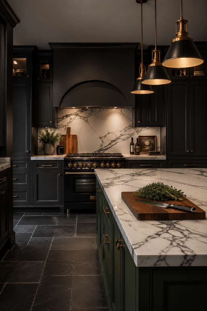 Dramatic charcoal and green basement chef's kitchen with marble counters and brass accents.
