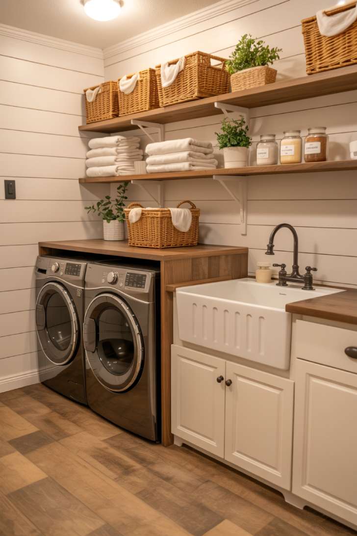Farmhouse-style basement laundry room with white shiplap walls, open wood shelving, and apron-front sink