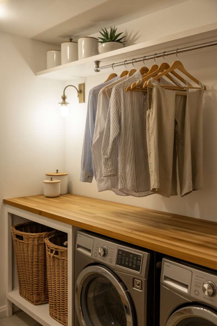 Basement laundry room with butcher block folding counter over front-load machines, under-counter hanging rod, and wicker sorting baskets