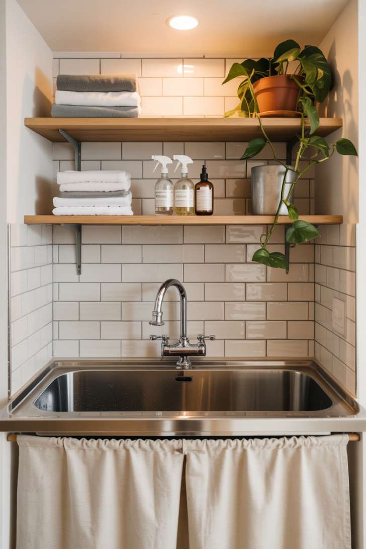 Basement laundry room utility sink as focal point with handmade subway tile, oak shelving, and linen sink skirt