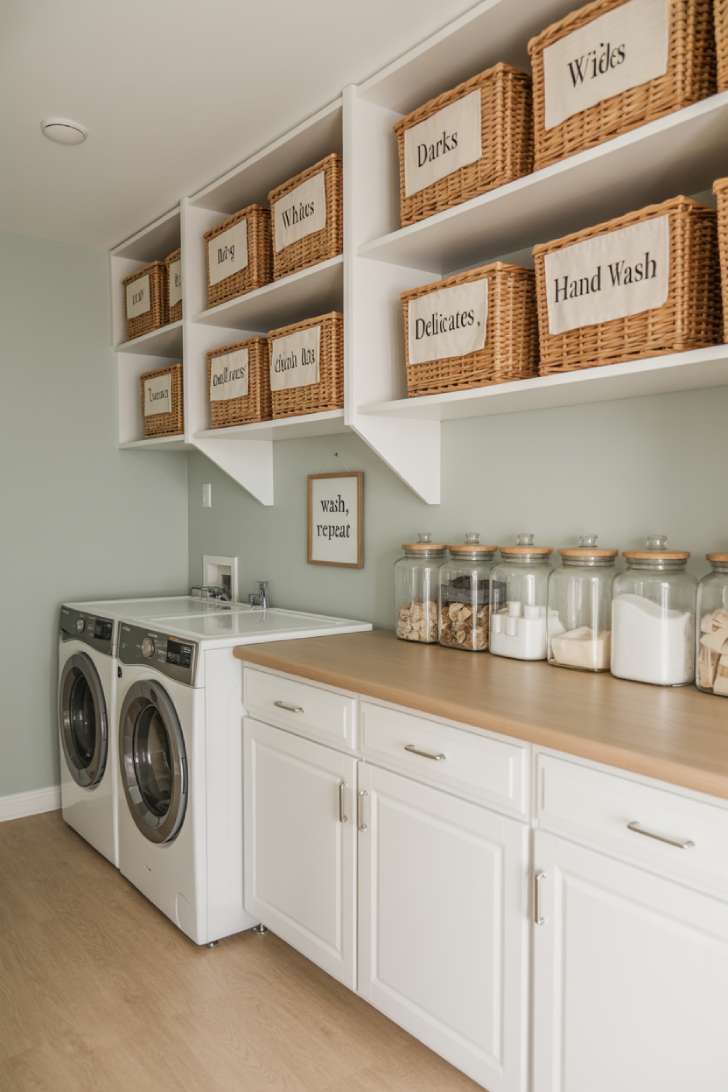 Organized basement laundry room with labeled linen baskets, glass jar storage system, and sage green walls