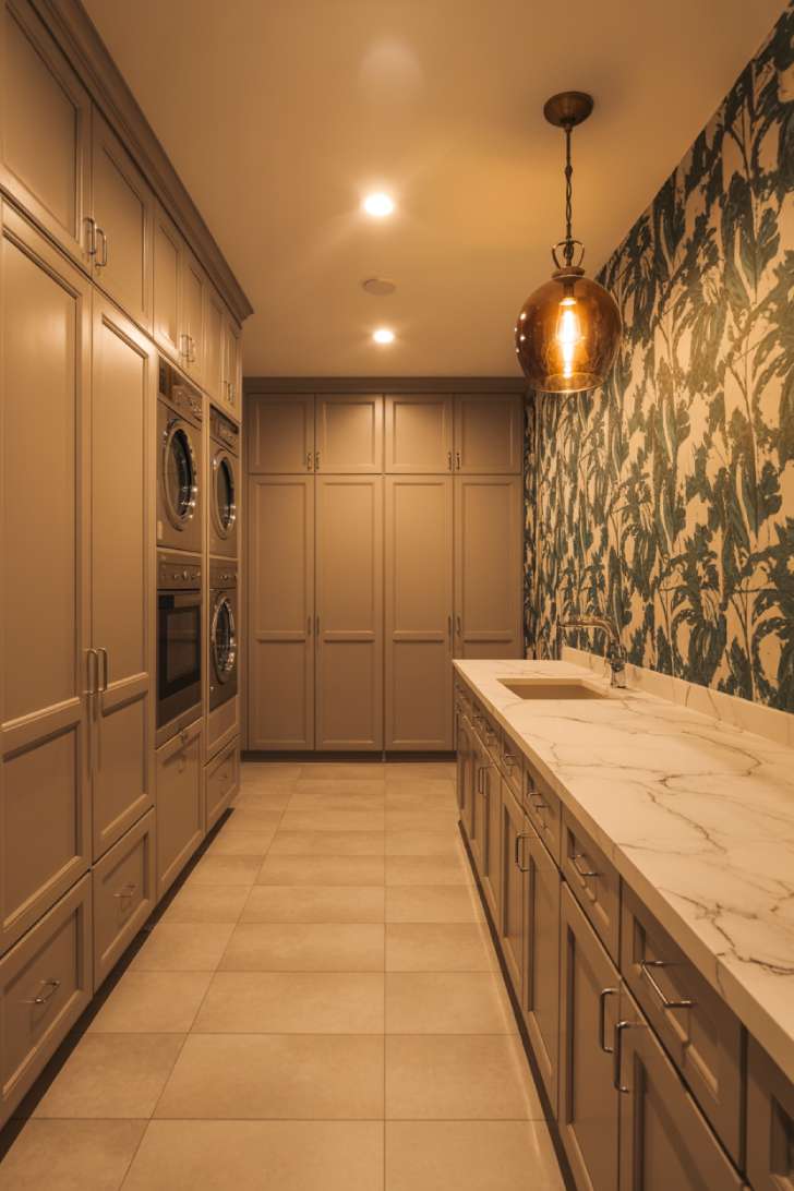 Luxury fully renovated basement laundry room with custom greige cabinetry, botanical wallpaper, marble quartz countertop, and aged brass pendant light