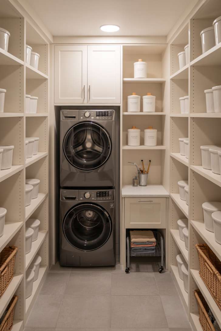 Stacked washer and dryer in a built-in cabinet alcove with floor-to-ceiling shelving in a small basement laundry room