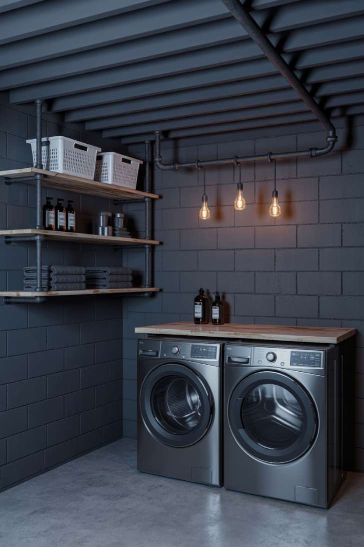 Industrial basement laundry room with charcoal painted concrete walls, black pipe shelving, and Edison bulb pendant lights