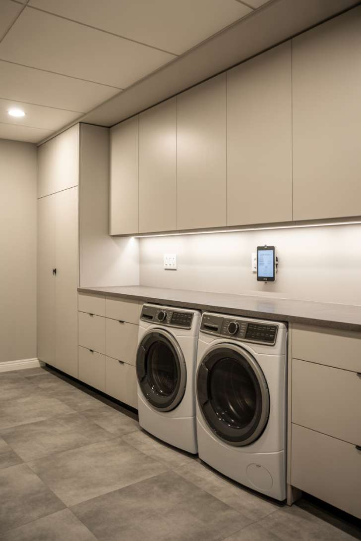 Modern smart basement laundry room with matching high-tech appliances, flat-panel cabinetry, and quartz countertop
