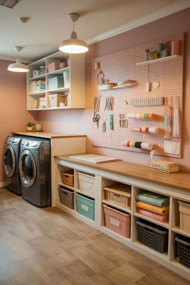 Dual-purpose basement laundry and craft room with butcher block countertop, pegboard wall, and labeled storage bins