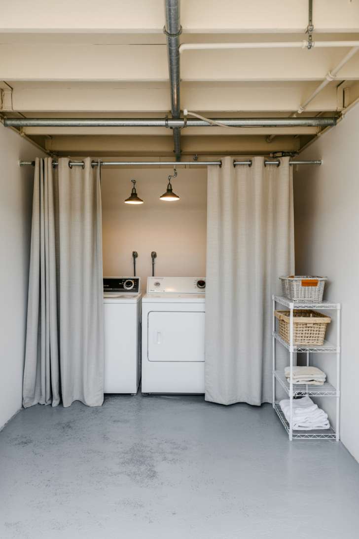 Budget-friendly unfinished basement laundry room refresh with painted epoxy floor, linen curtain enclosure, and LED shop lights