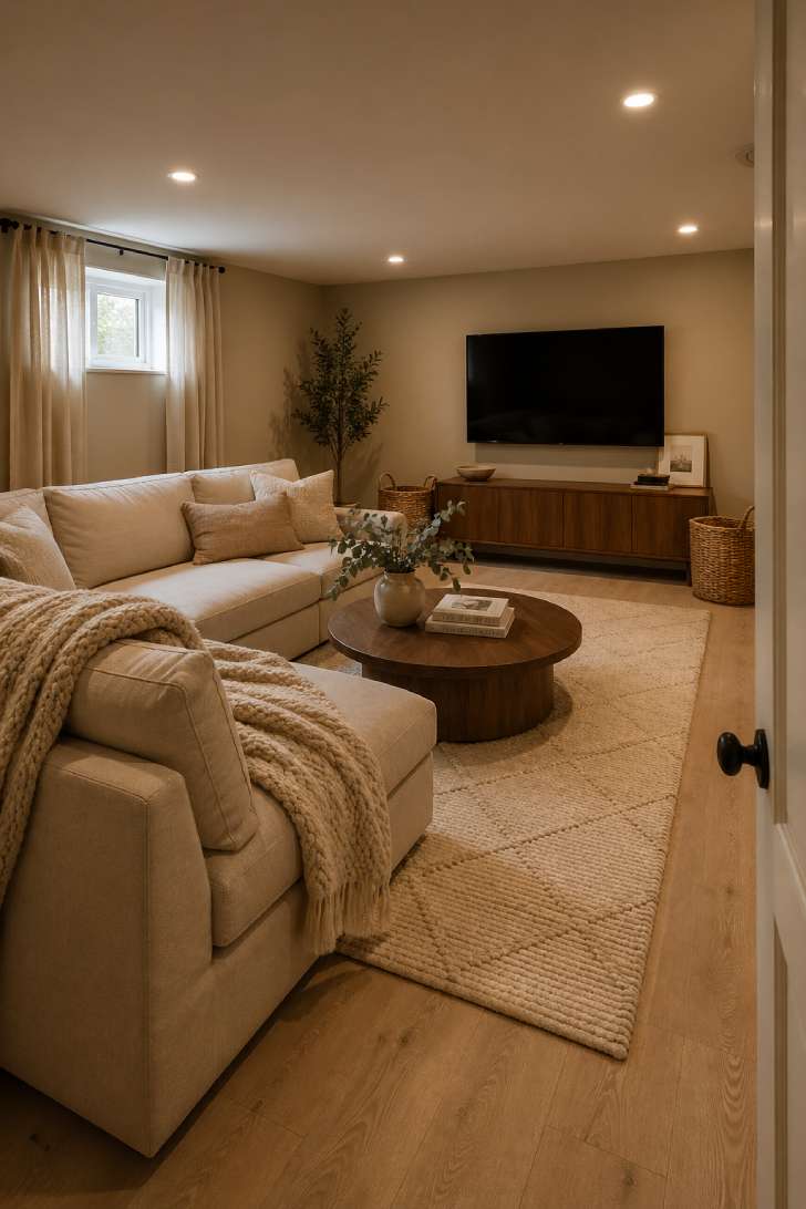 Warm taupe basement living room with oatmeal linen sectional, light oak vinyl plank floors, and walnut furniture