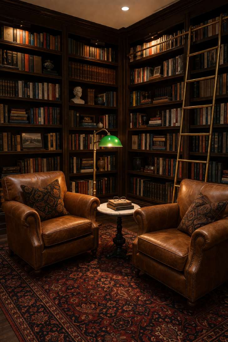 Basement library lounge with walnut floor-to-ceiling bookshelves, camel leather club chairs, rolling brass ladder, and burgundy Persian rug