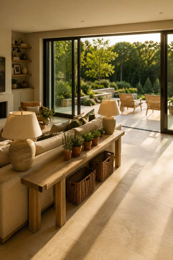 Walkout basement living room with floor-to-ceiling glass doors opening to a patio, cream linen sofa, and travertine-look tile flowing indoors and out