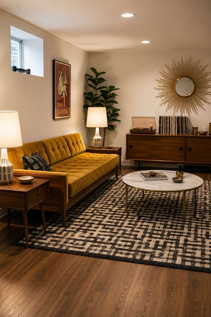 Mid-century modern basement living room with mustard velvet sofa, walnut credenza with record player, brass sunburst mirror, and geometric rug