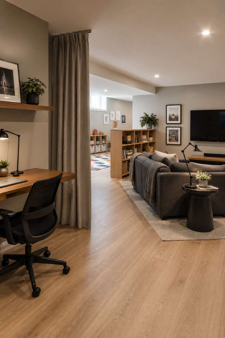 Multipurpose basement flex room with office nook behind a linen curtain, charcoal sofa and TV area, and children's play zone divided by a low bookcase