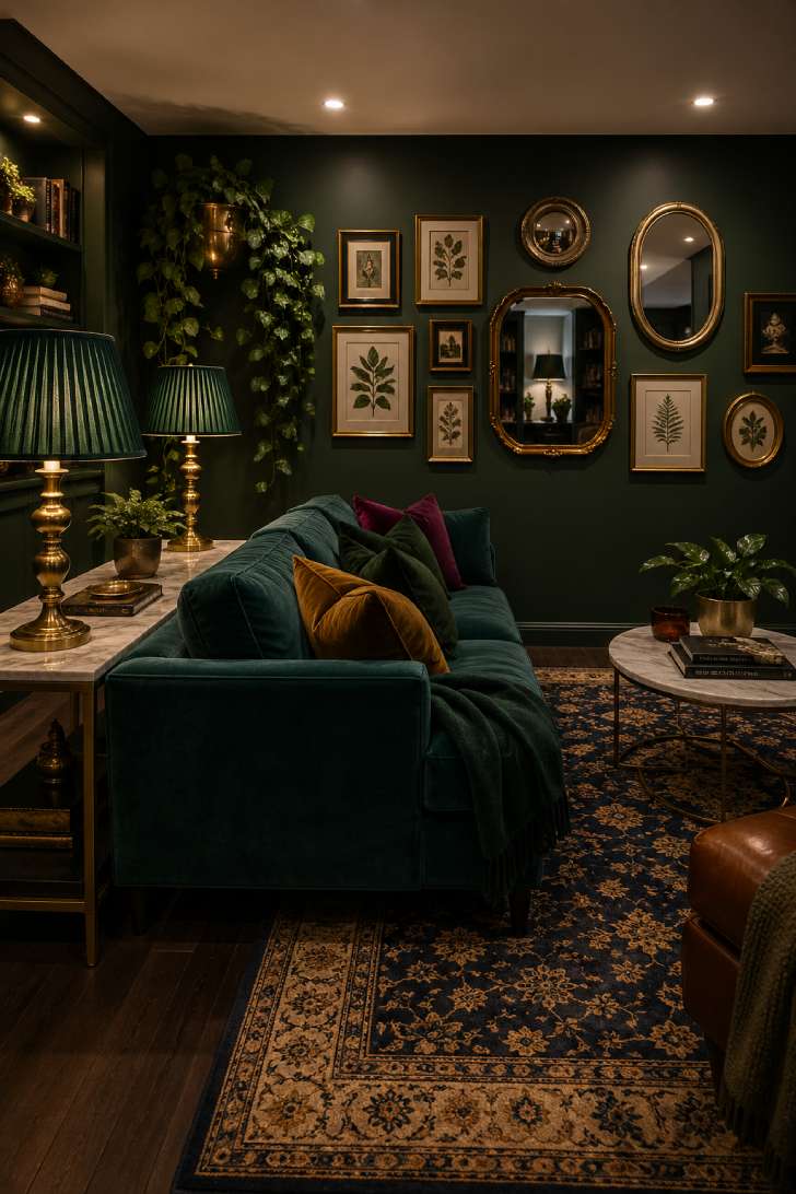 Emerald green basement living room with teal velvet sofa, gold botanical gallery wall, brass table lamps, and vintage navy rug
