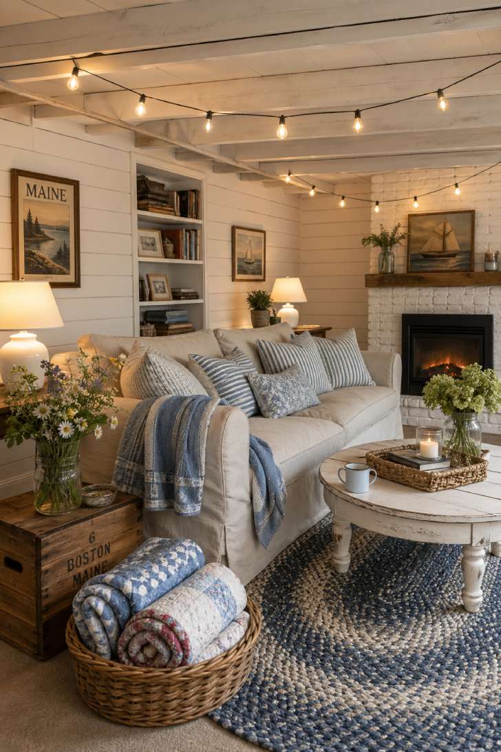 Cottage-style basement living room with white shiplap walls, linen slipcovered sofa, distressed white coffee table, and whitewashed ceiling beams