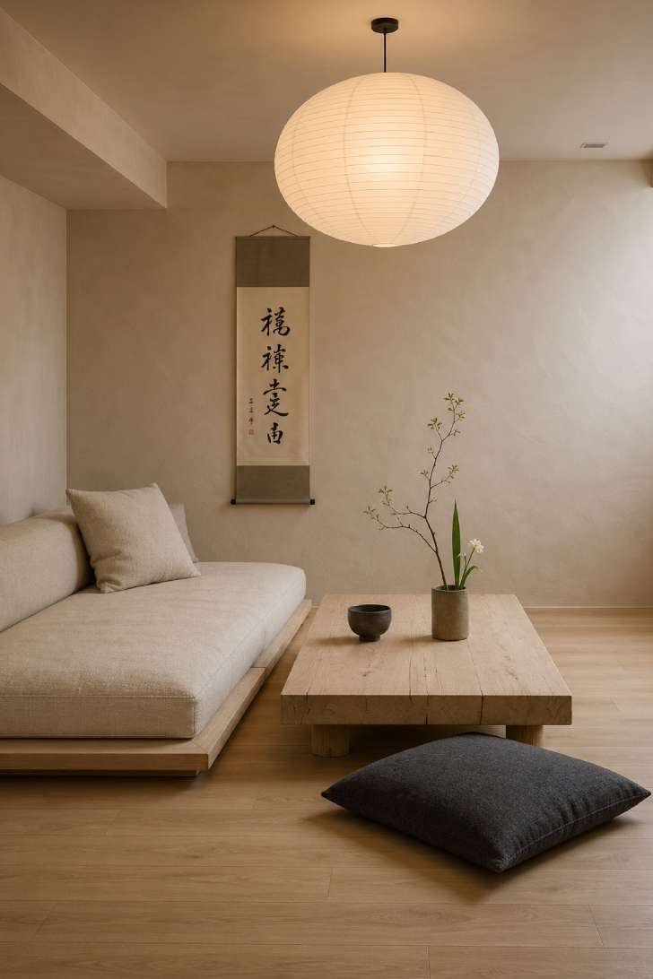 Minimalist Japanese-inspired basement living room with low platform sofa, raw wood coffee table, paper lantern pendant, and calligraphy scroll