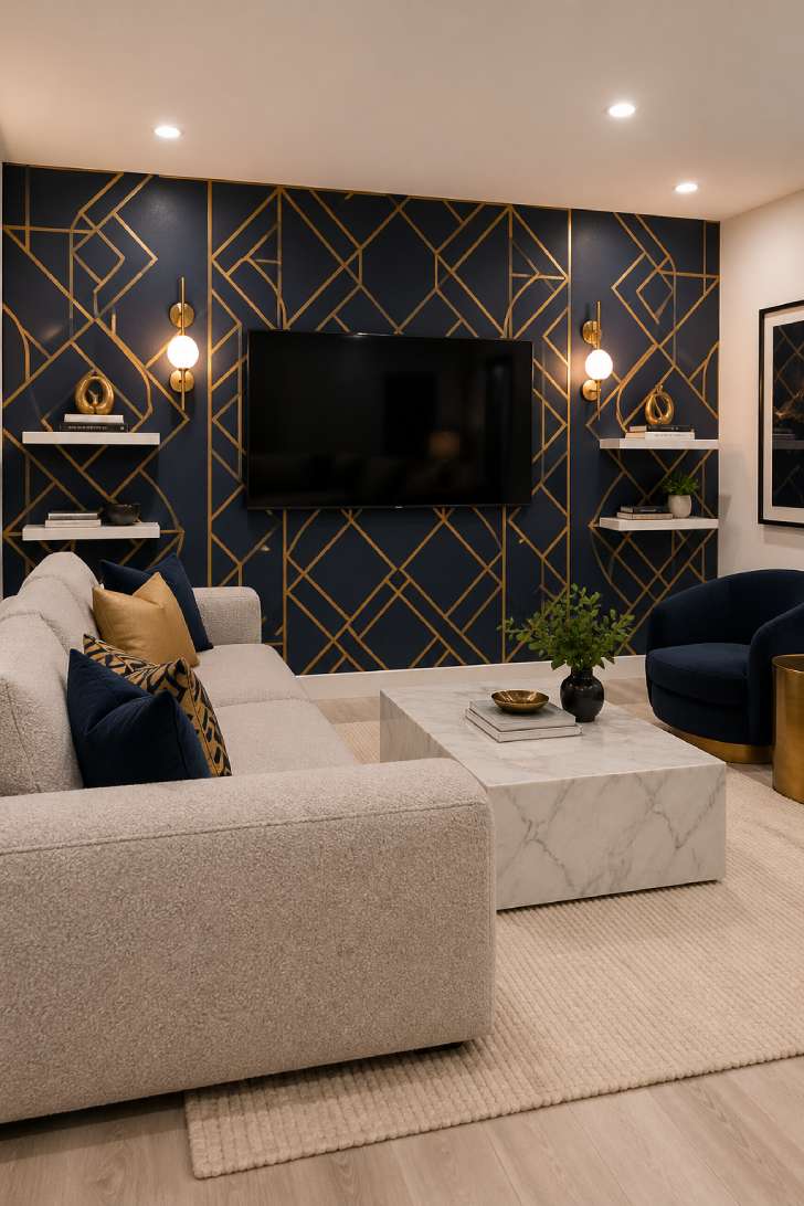 Basement living room with navy and gold geometric wallpaper accent wall, light gray bouclé sofa, white marble coffee table, and brass wall sconces