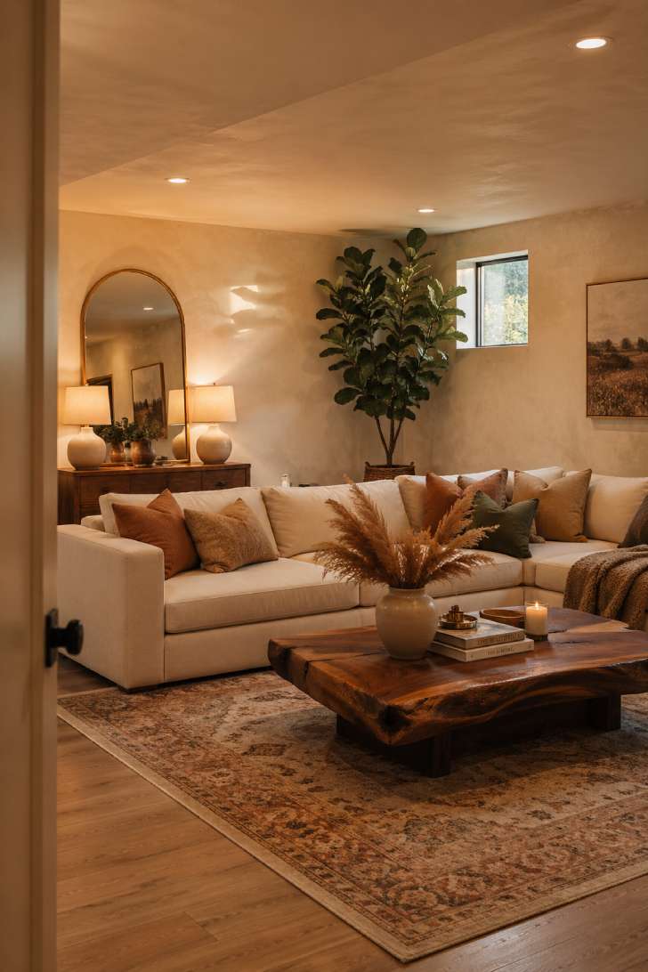 Inviting basement living room with cream linen sectional, live-edge walnut coffee table, dried pampas grass, brass arched mirror, and warm earth-tone styling