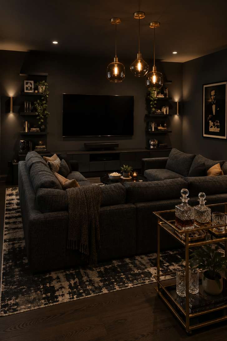 Dark charcoal basement media lounge with slate bouclé sectional, brass pendant lights, and gold bar cart