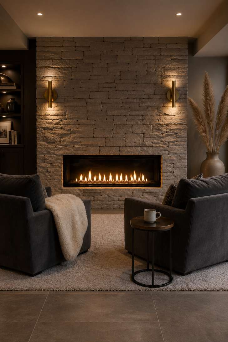 Modern linear gas fireplace with limestone surround in a basement living room, charcoal velvet armchairs, and brass sconces