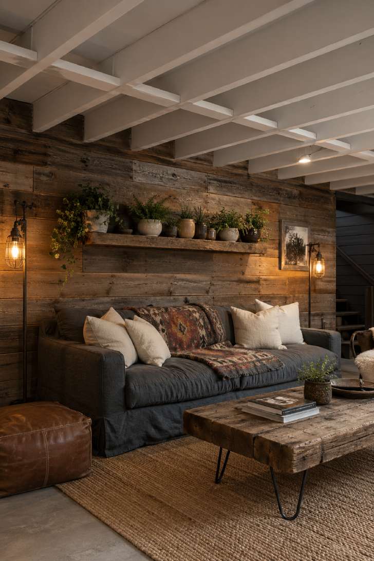 Rustic basement living room with reclaimed barnwood walls, oversized charcoal linen sofa, and industrial Edison bulb floor lamps