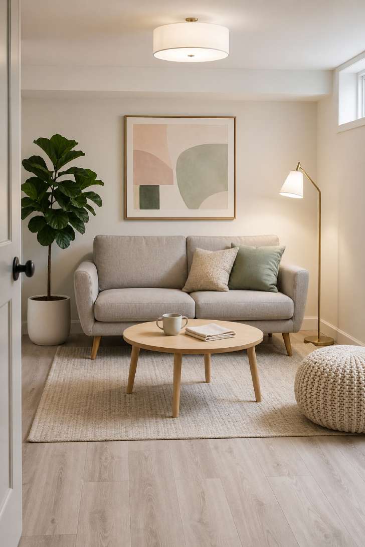 Scandinavian-style basement living room with light gray wool sofa, pale birch coffee table, and minimal decor