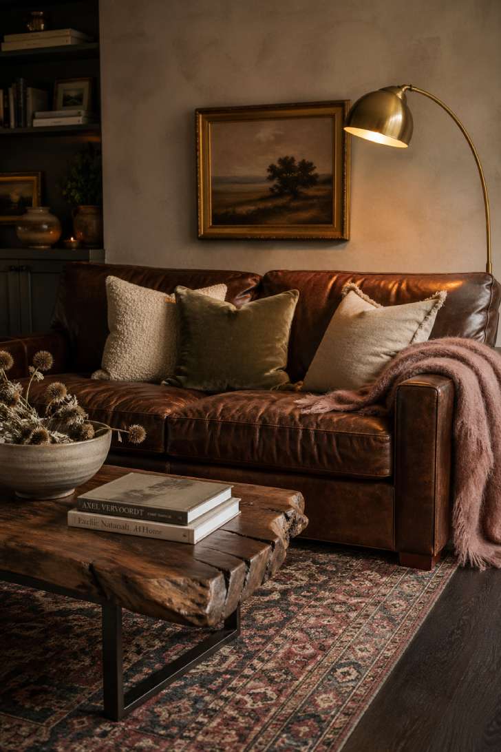 Textured basement living room with tobacco leather sofa, limewash walls, live-edge walnut coffee table, and vintage Turkish rug