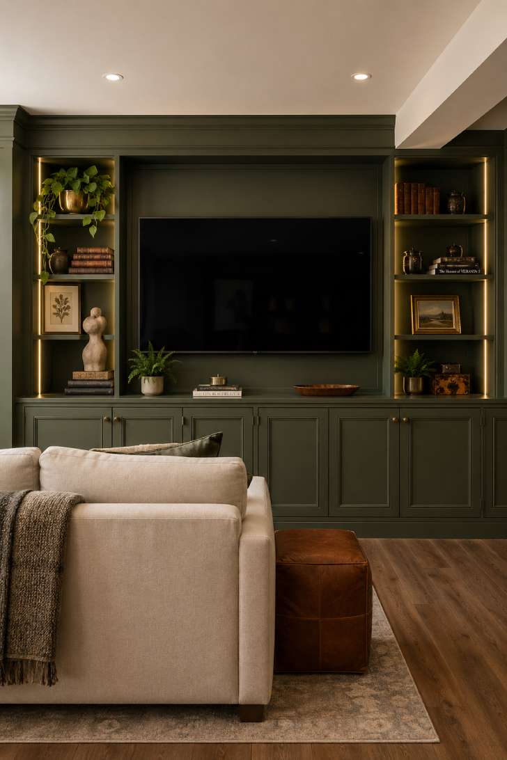 Sage green built-in entertainment wall with curated shelving, integrated LED lighting, and cream sofa in a basement living room
