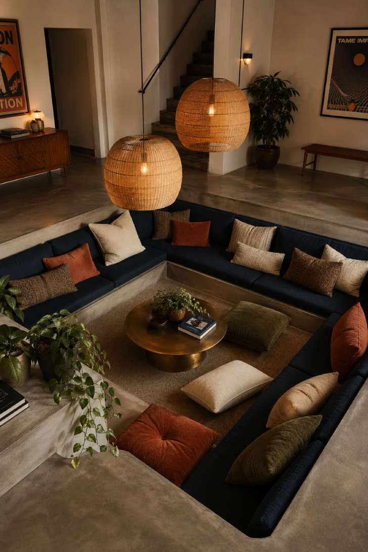 Sunken conversation pit in a basement with navy built-in bench, floor cushions in rust and cream, brass coffee table, and rattan pendant lights