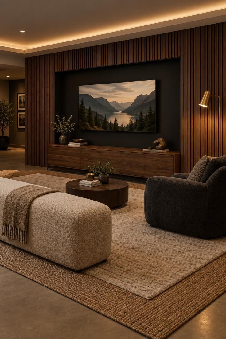 Basement media room with a recessed black media wall, vertical walnut slats, a low boucle bench, a charcoal lounge chair, and a layered wool and sisal rug under warm golden light.