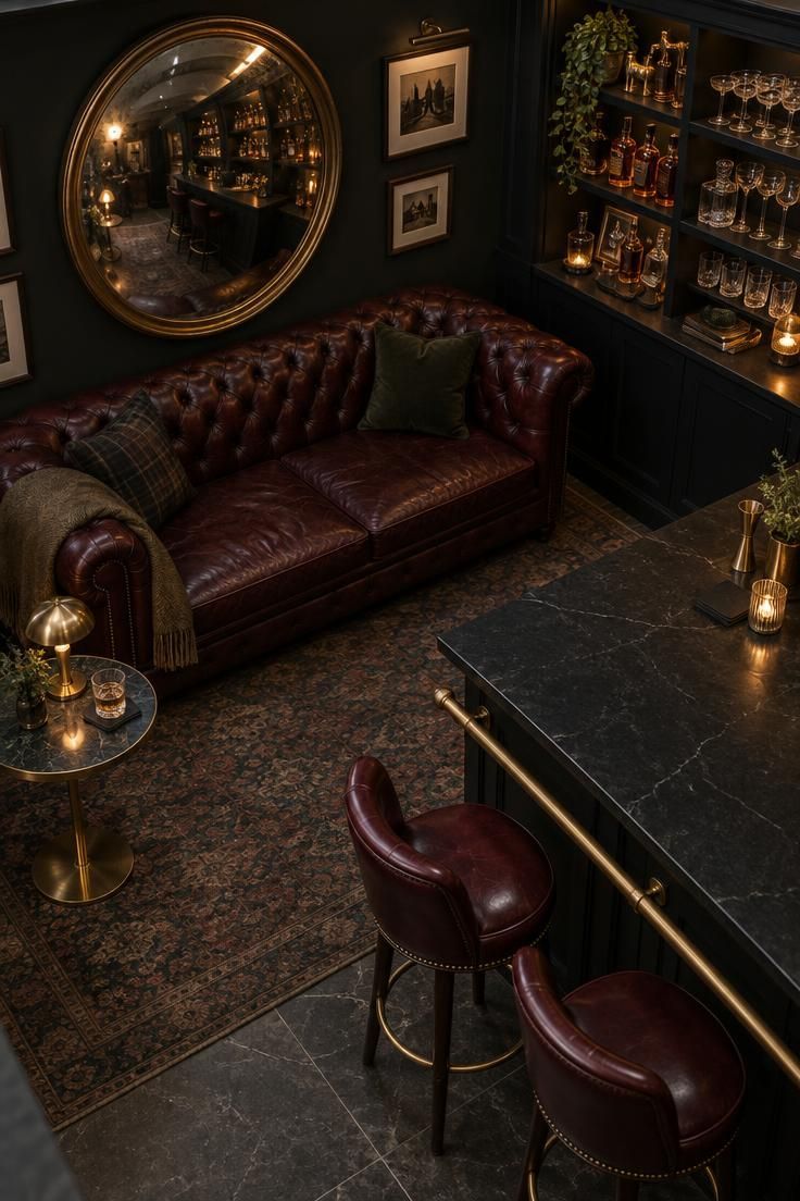 Moody basement bar with an oxblood chesterfield sofa, black bar back, convex brass-framed mirror, brass foot rail, and two oxblood leather stools under soft diffused light.