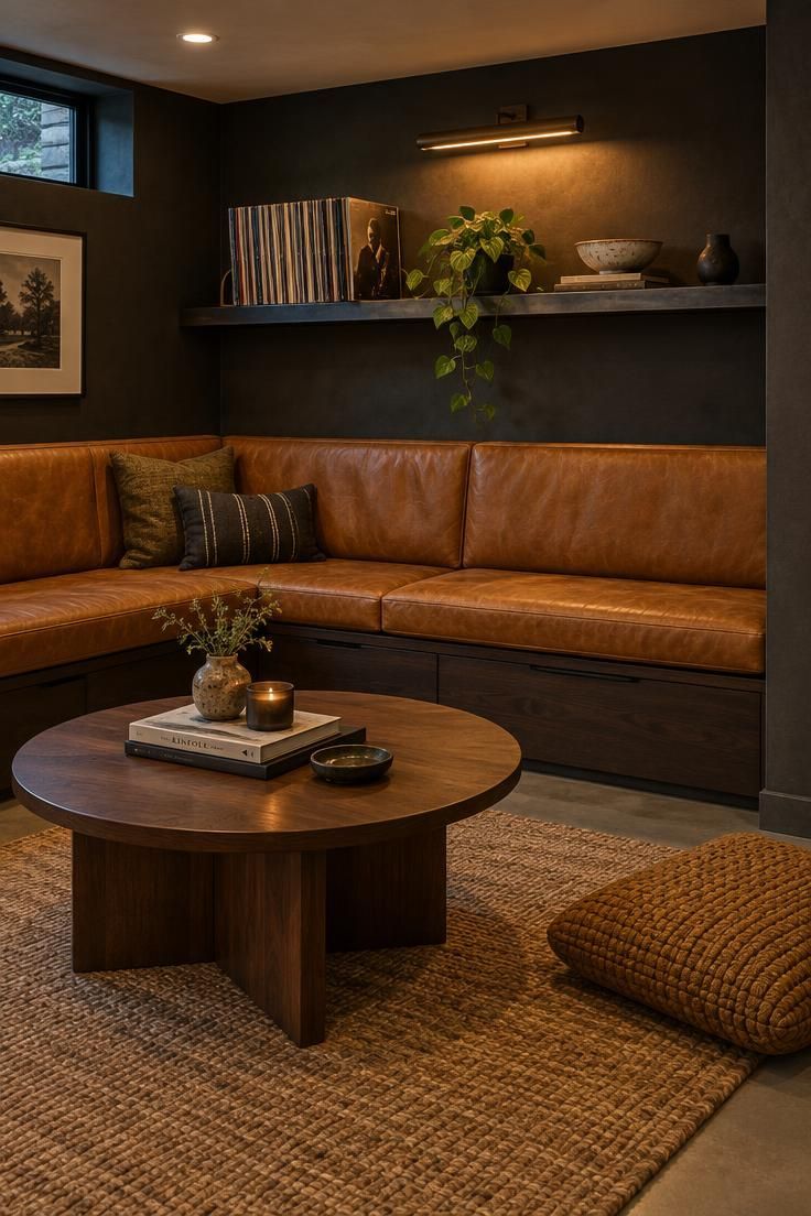 Basement corner lounge with a butterscotch leather banquette, a blackened steel shelf holding vinyl and a trailing plant, a round walnut coffee table, and an ochre floor cushion under warm golden light.