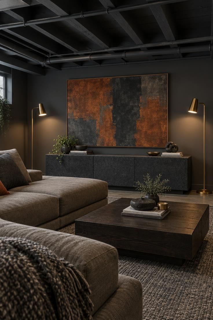 Basement seating area with charcoal-painted exposed joists, a felt-wrapped media console, a rust and charcoal abstract canvas, a taupe sectional, and two brass floor lamps under cool overcast light.