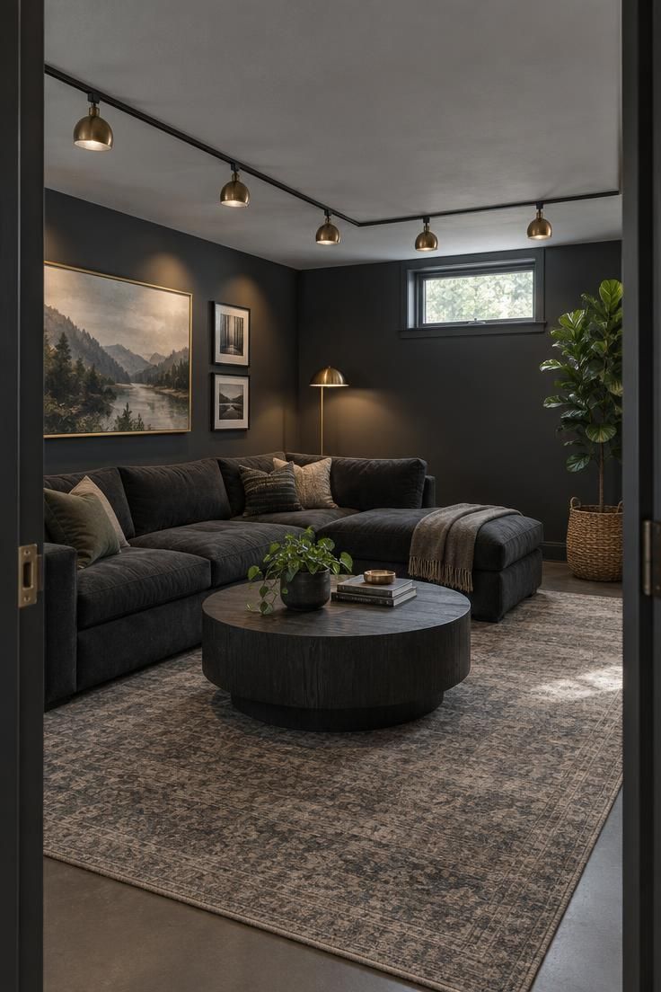 Basement living zone with black track lighting and brass dome shades aimed at the walls, charcoal walls, lighter gray ceiling, a dark plush sectional, a blackened oak coffee table, and a tall floor lamp under bright light.