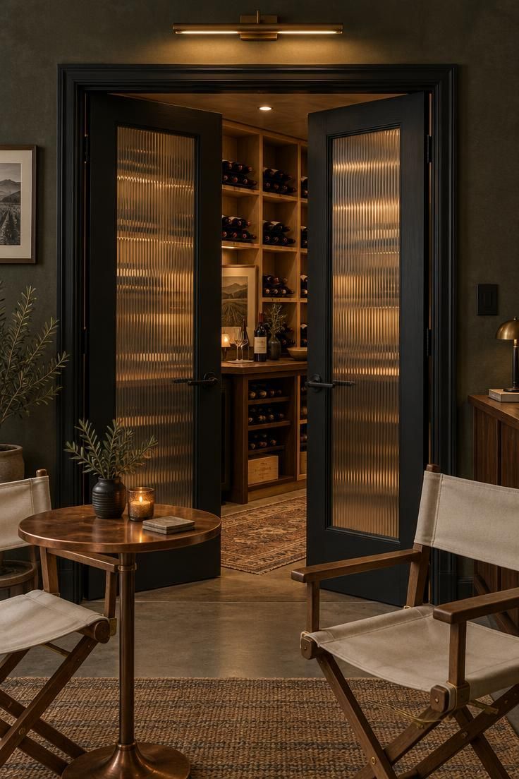 Painted black French doors with reeded glass opening into a small wine room with pine cube shelving, a walnut counter, and a copper-topped tasting table with director chairs under warm golden light.