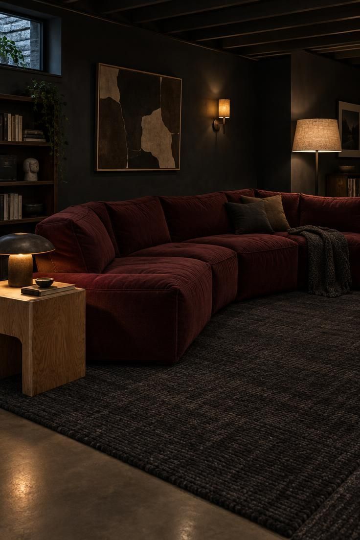 Dark basement den with a curved oxblood goose down modular sofa against a charcoal wall, a plywood side table with a lamp, a linen-shade floor lamp, and a dimmed wall sconce under moody low light.