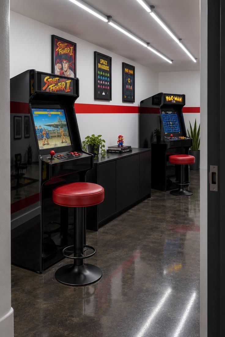 Narrow basement arcade wall with a white wall and red stripe, two gloss black arcade cabinets, a flat black cabinet between them, red leather stools, and cool LED tubes overhead.