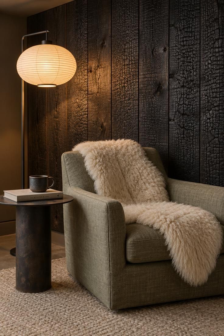 Basement reading nook with a shou sugi ban charred wood wall, sage linen armchair with a sheepskin throw, a blackened steel side table, and a paper-shade floor lamp on an oatmeal wool rug.