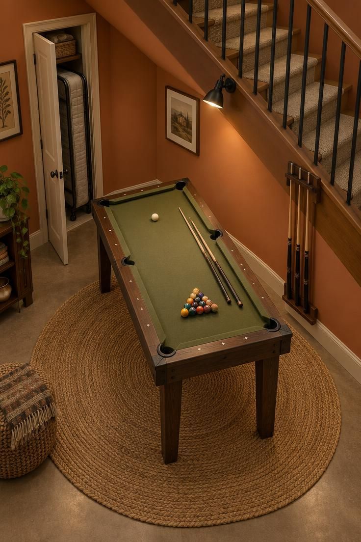 Under-stairs billiards area with a slim angled table, warm clay walls, a circular jute rug, a cue holder on the sloped wall, and a linen closet holding a fold-away mattress under warm golden light.