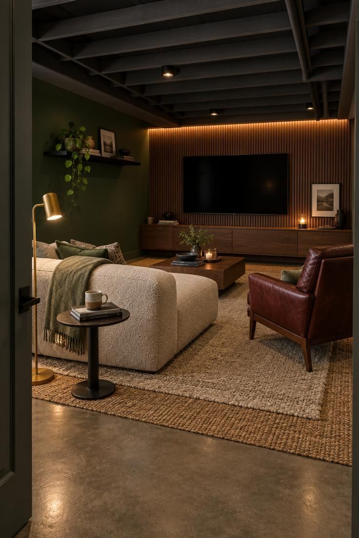 Cozy finished basement lounge with a low charcoal joist ceiling, deep green wall, walnut-slat media wall, oatmeal boucle bench, layered rugs, brass floor lamp, oxblood leather armchair, and a trailing plant under warm layered light.