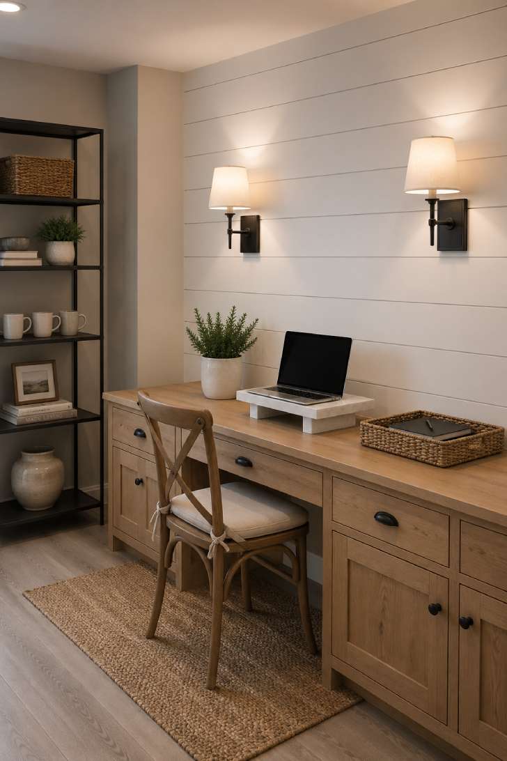 A modern farmhouse basement office with white shiplap wall, black metal sconces, light wood desk, and linen chair cushion