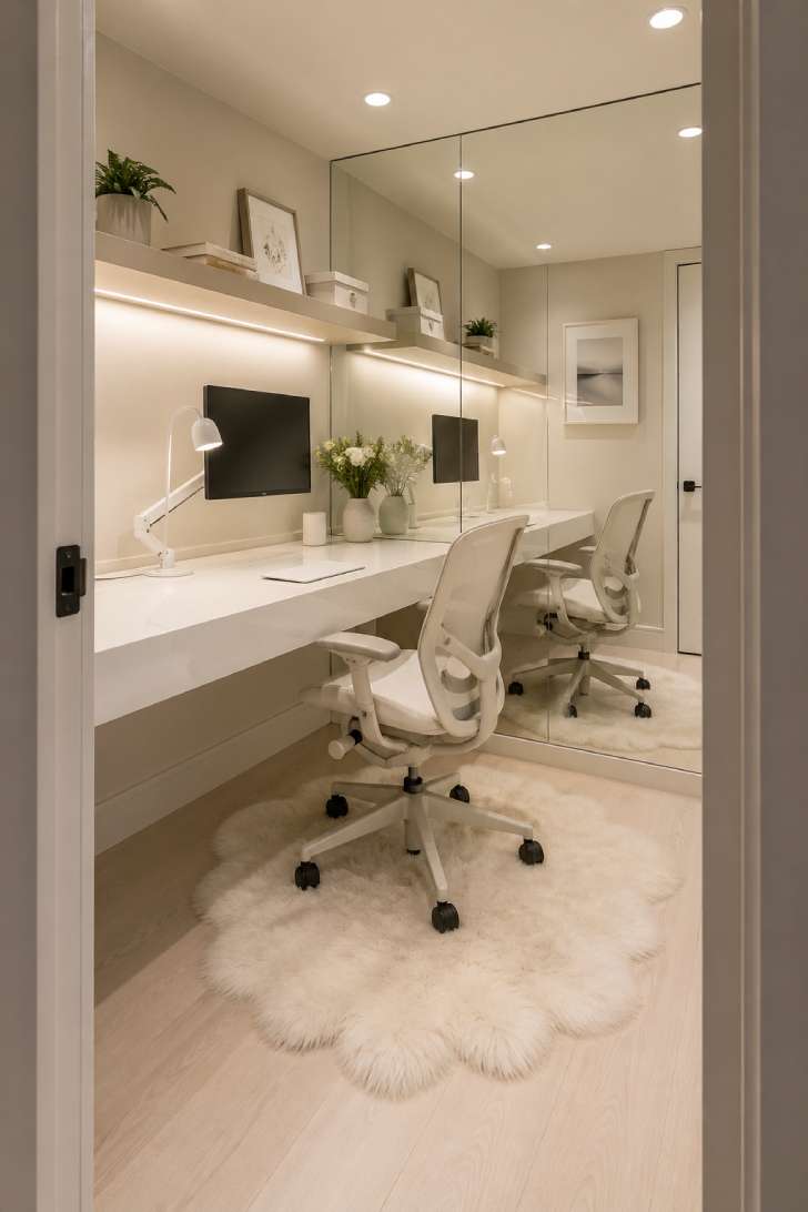 A small basement office made bright with a floor-to-ceiling mirror wall, warm white paint, LED strip lighting, and a floating desk