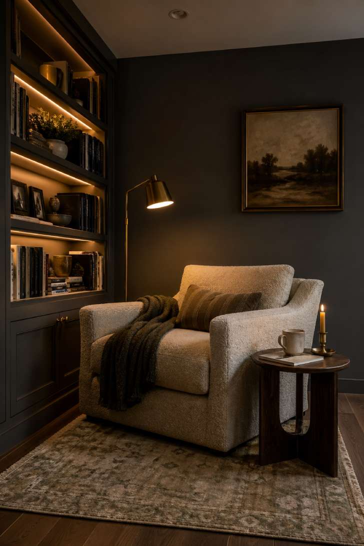 A cozy reading nook inside a basement office with an oatmeal boucle armchair, brass floor lamp, walnut side table, and built-in LED shelves