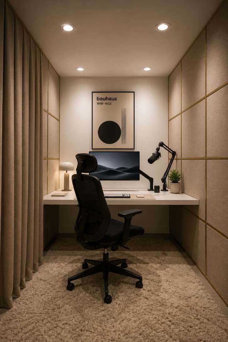 An acoustic-treated basement office with linen-fabric panel walls, floating desk, boom arm microphone, and floor-length heavy curtains