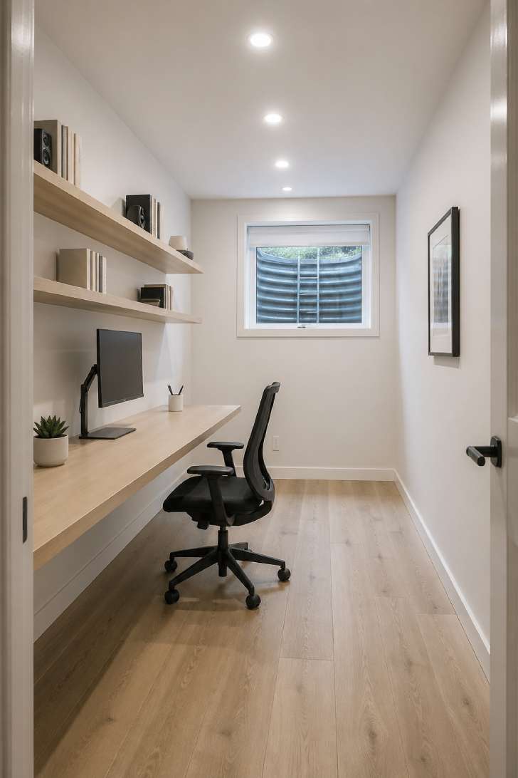 A bright, minimalist Scandinavian basement office with white walls, ash wood desk, and full-spectrum lighting