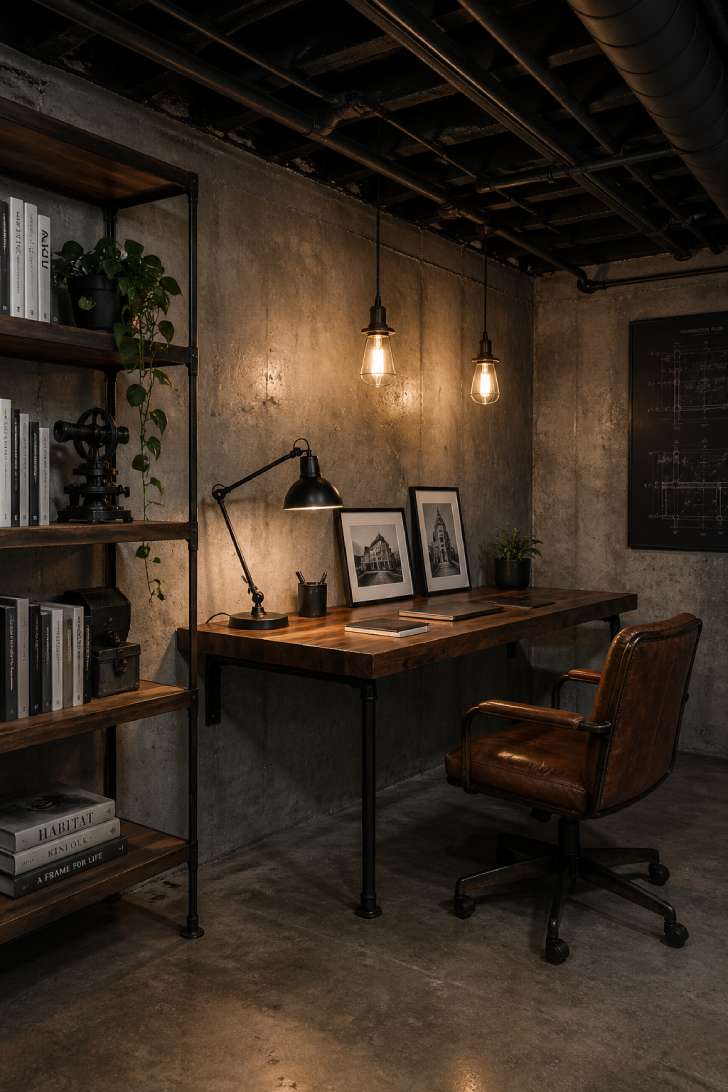 An industrial basement office with exposed black-painted ceiling, concrete walls, Edison pendants, and a steel-and-walnut desk