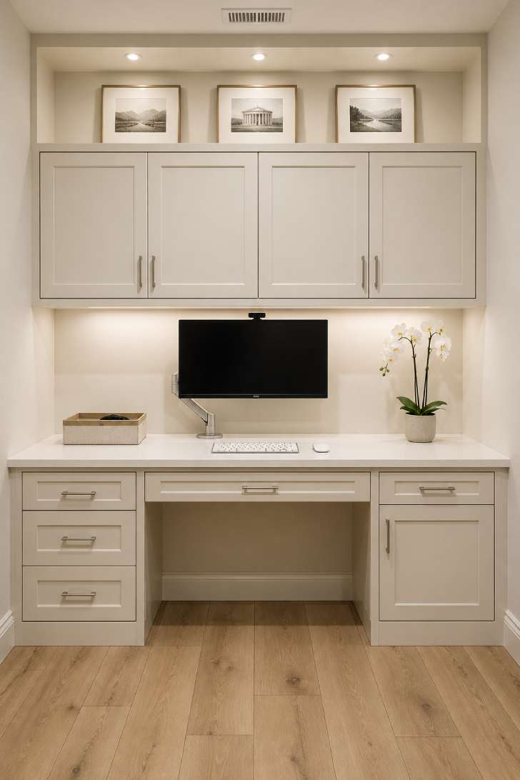 A full-wall white built-in desk-and-cabinet system in a basement home office with quartz desk surface and recessed lighting