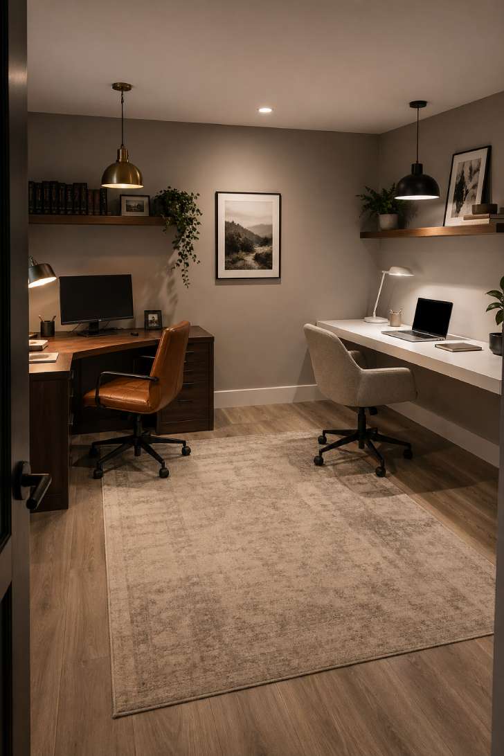A dual-desk basement home office with two distinct work zones, each with its own lighting and style